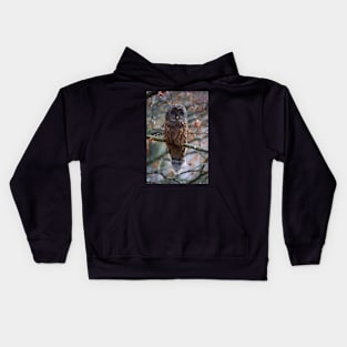 Ural owl perched on a branch Kids Hoodie